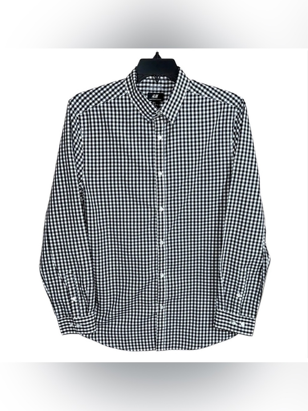 H&M Shirt Men’s Size L Black White Checks Slim Fit Button Front Casual Modern